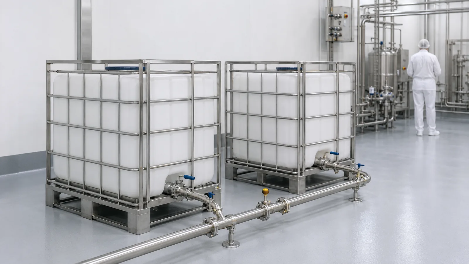 Zwei IBC-Container in Edelstahlrahmen in einer hellen Lebensmittelproduktion, über Edelstahlleitungen verbunden; im Hintergrund eine Person in weißer Schutzkleidung.