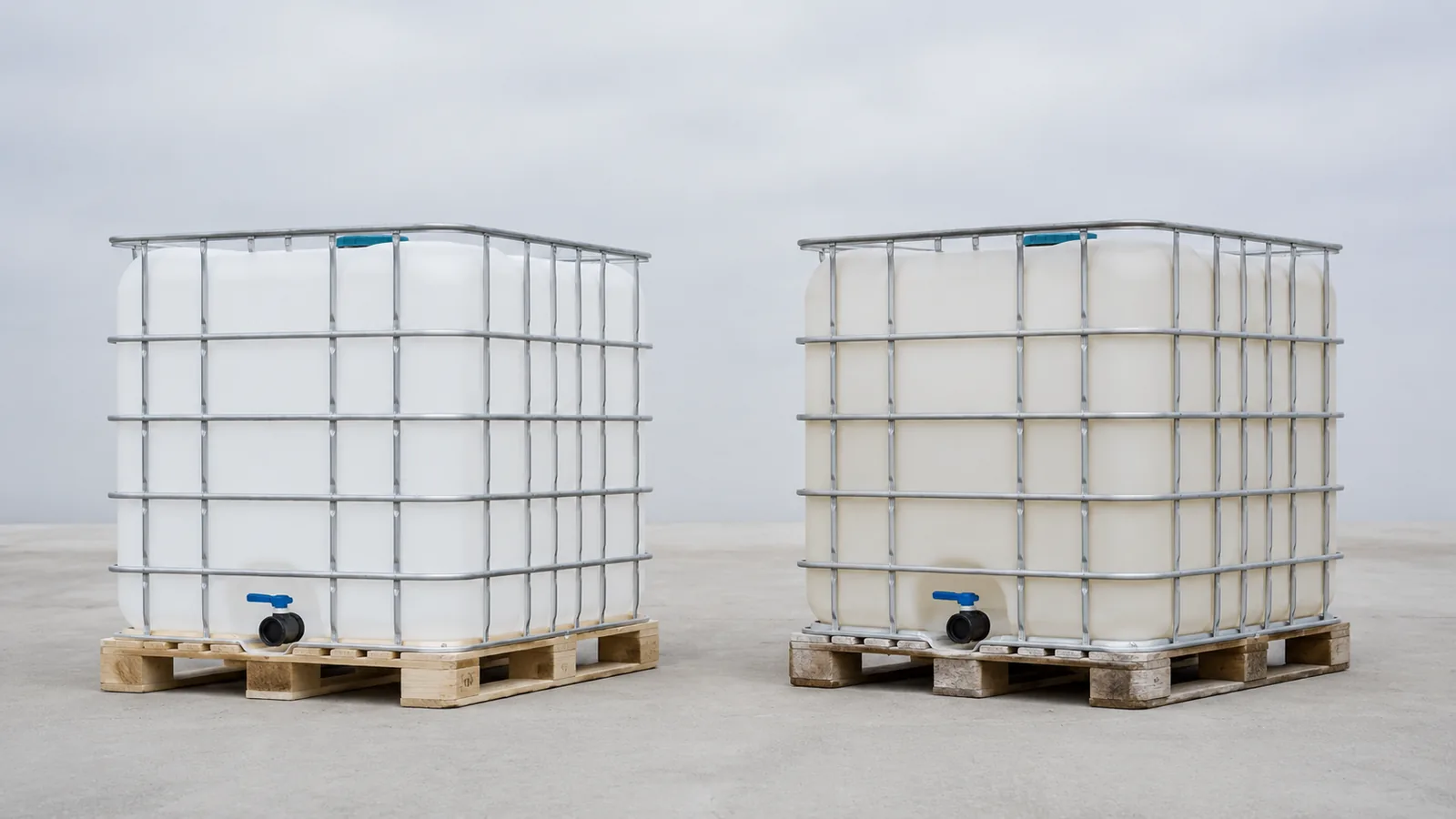 Zwei 1000-Liter-IBC nebeneinander im Vergleich: links fabrikneu mit strahlend weißer Blase, rechts gebraucht mit leicht vergilbter Blase und verwitterter Palette.